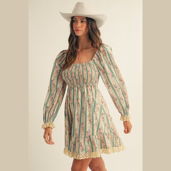 LOVLOV Vintage Floral Maxi Dress Western Cottagecore Lace Trim Smocked Bodice - Picture 8 of 16